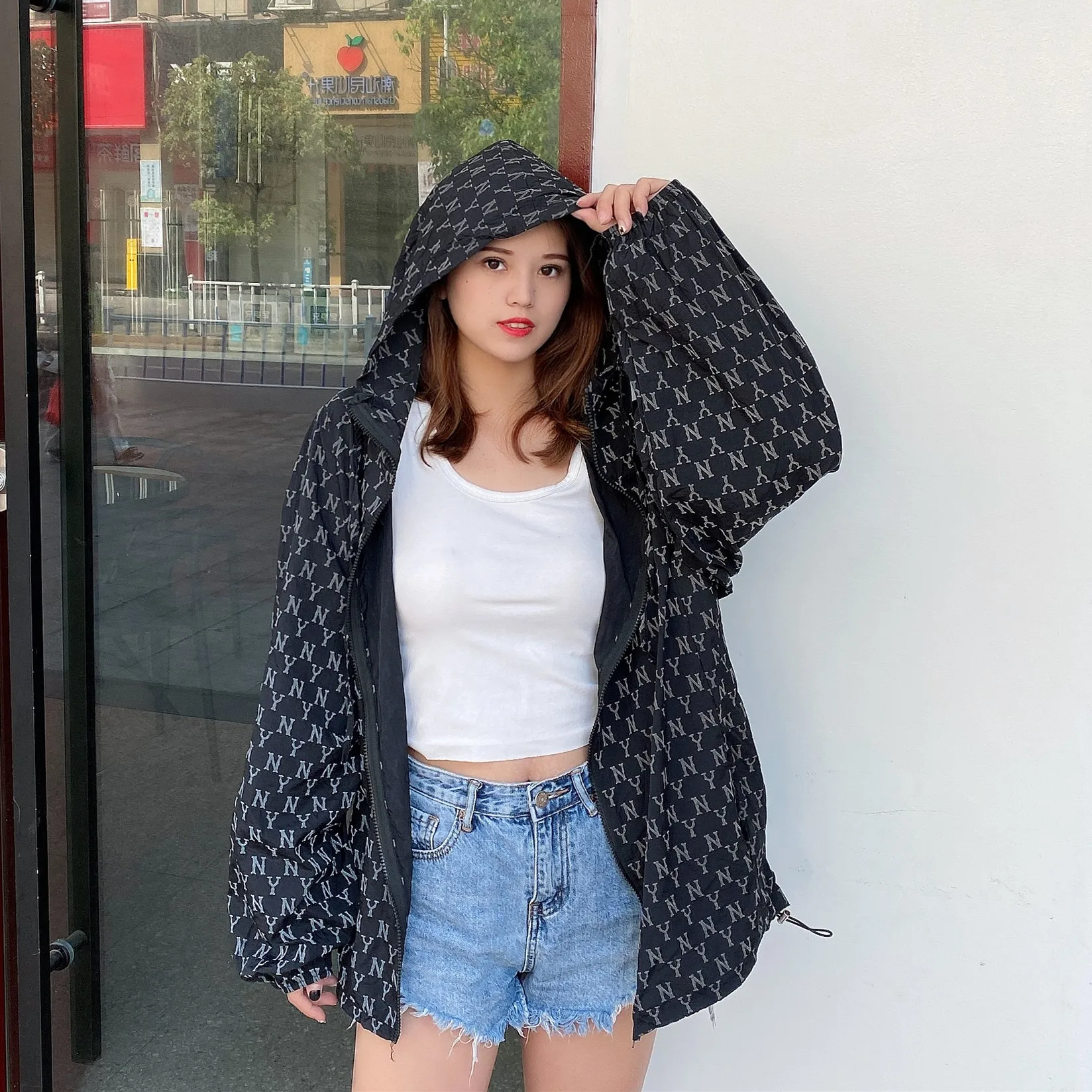 

Loose Large Style Reflective Sunscreen Full Body Letter Print Hooded Jacket Sweater