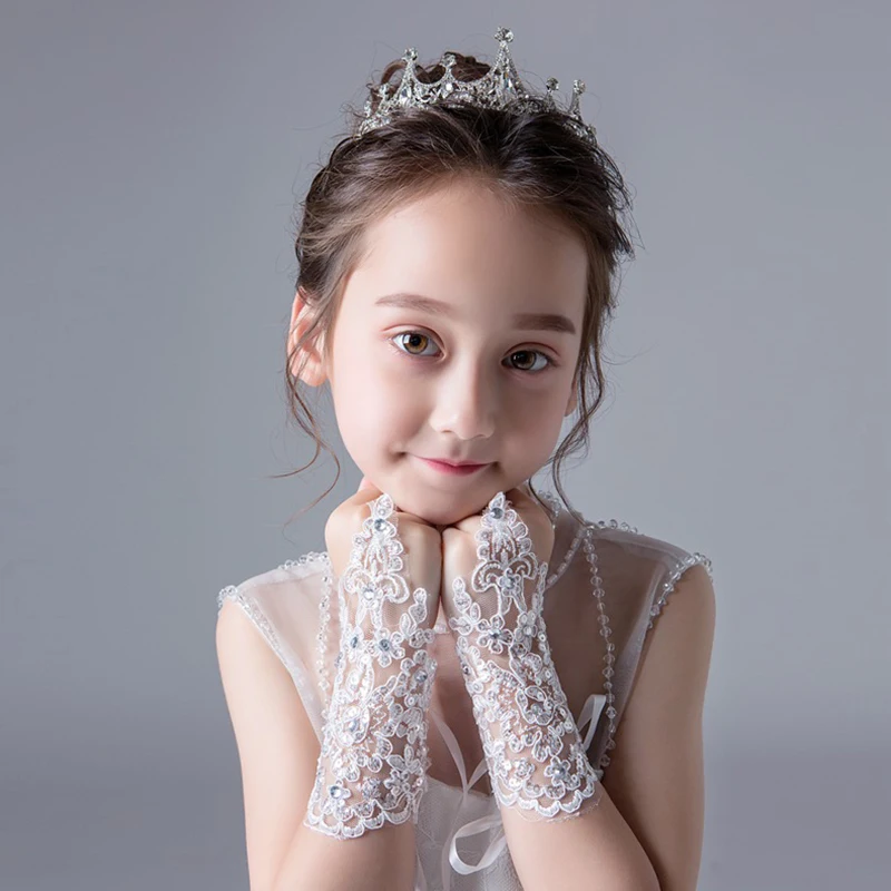 Girls Princess Gloves Girls Dress Glove Lace Diamond Performance Photography Costume Wedding Accessories for Kids Birthday Gift