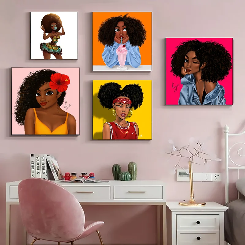 

Cute Cartoon African Girl Picture Sweet Home Decor Canvas Painting Wall Art Poster Pink Print For Baby Girl Bedroom Decor Gift