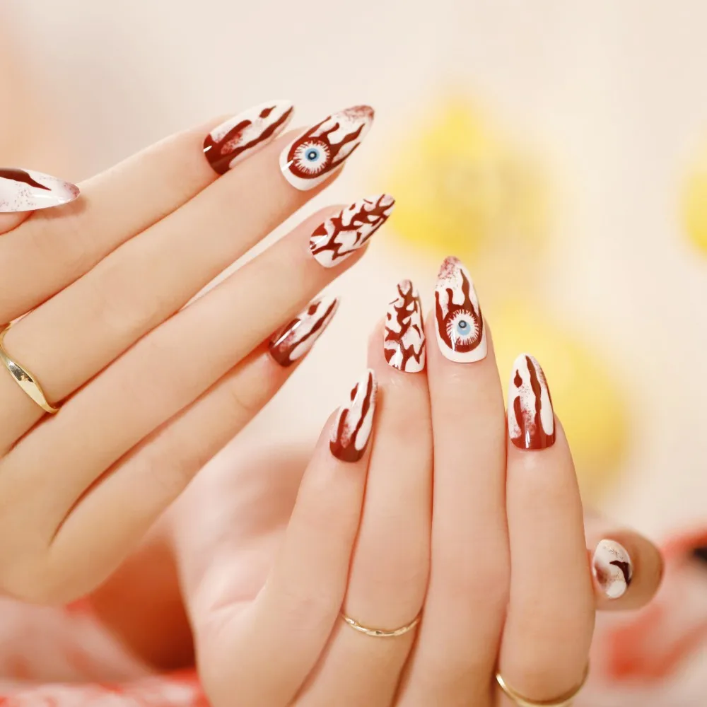 

24pcs/set Halloween Fake Nails Full Cover Skeleton Pumpkin Wear Long Manicure Patch False Nails Wearable Nail Patch False Nails