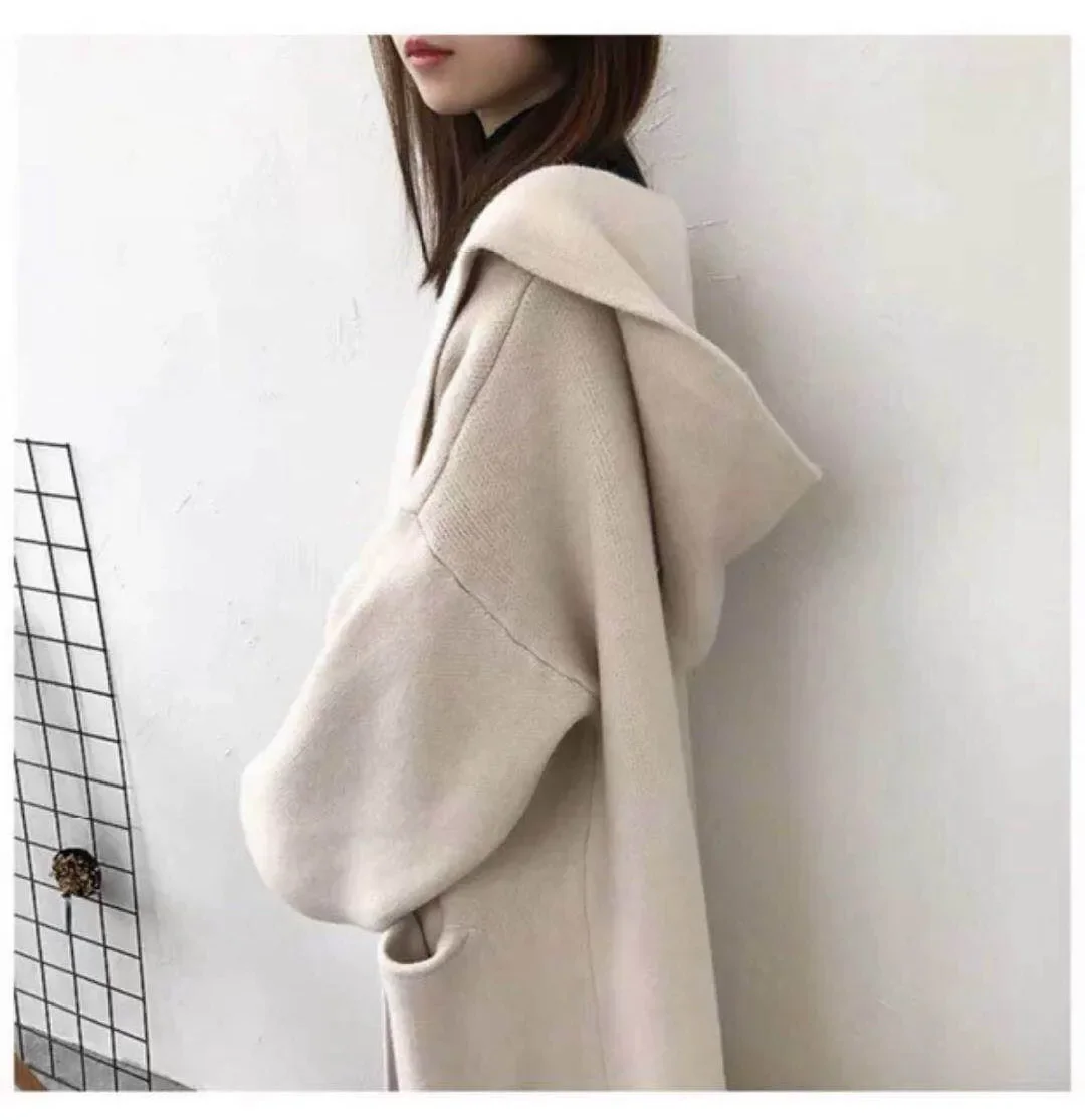 

Long Women Solid Hooded Cardigan Causal Knitted Coat