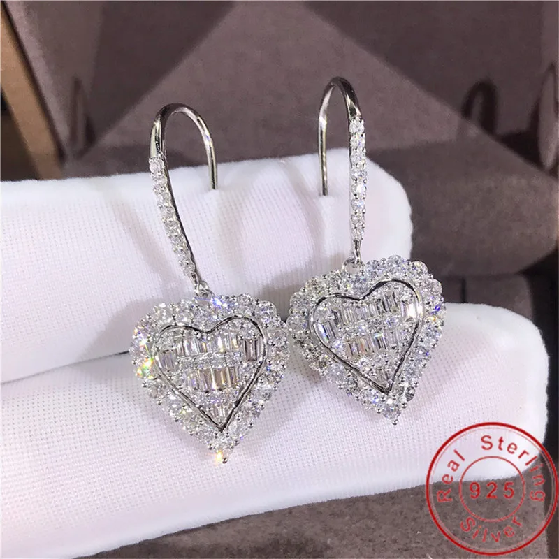 Роскошные сердце Earrring квадратный AAAAAA Cz реального 925 серебро обручальные
