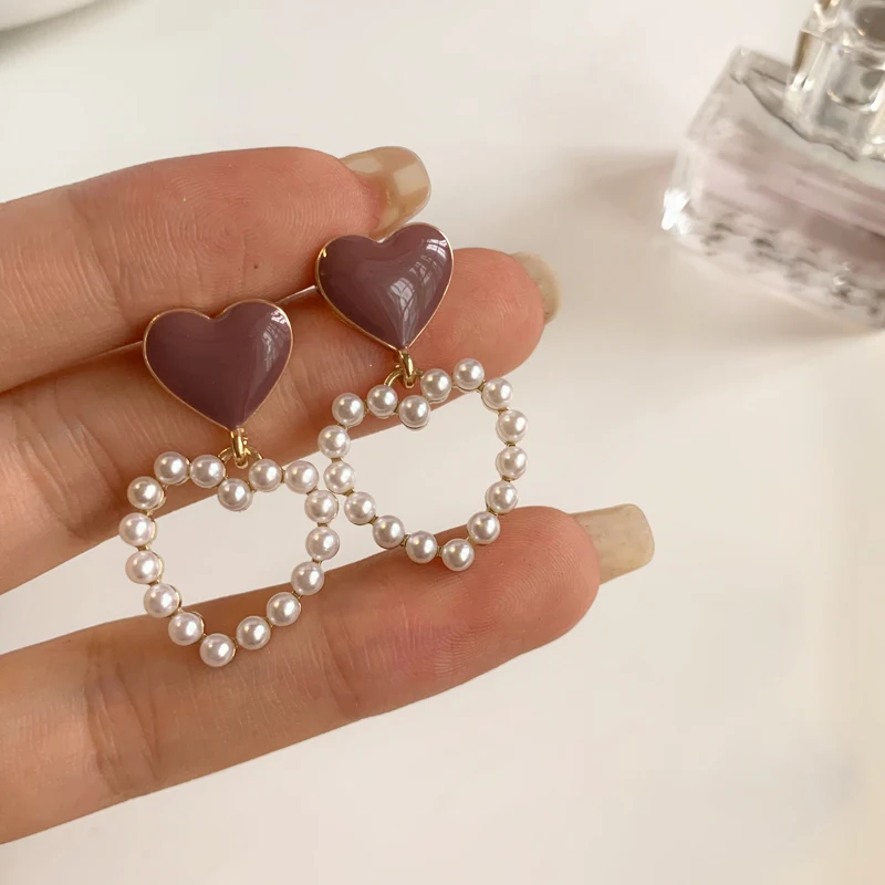 

S925 needle Sweet Jewelry Enamel Heart Earrings Popular Design Hot Selling Simulated Pearl Drop Earrings For Girl Lady Gifts