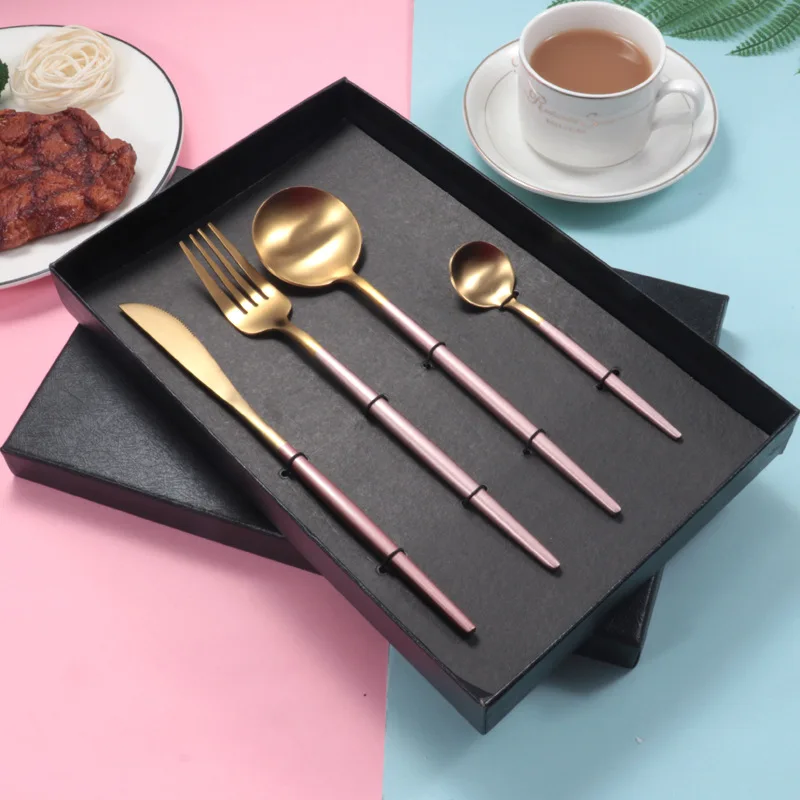 Нержавеющая сталь Золотой набор столовых приборов стейк Ножи вилка кофейная