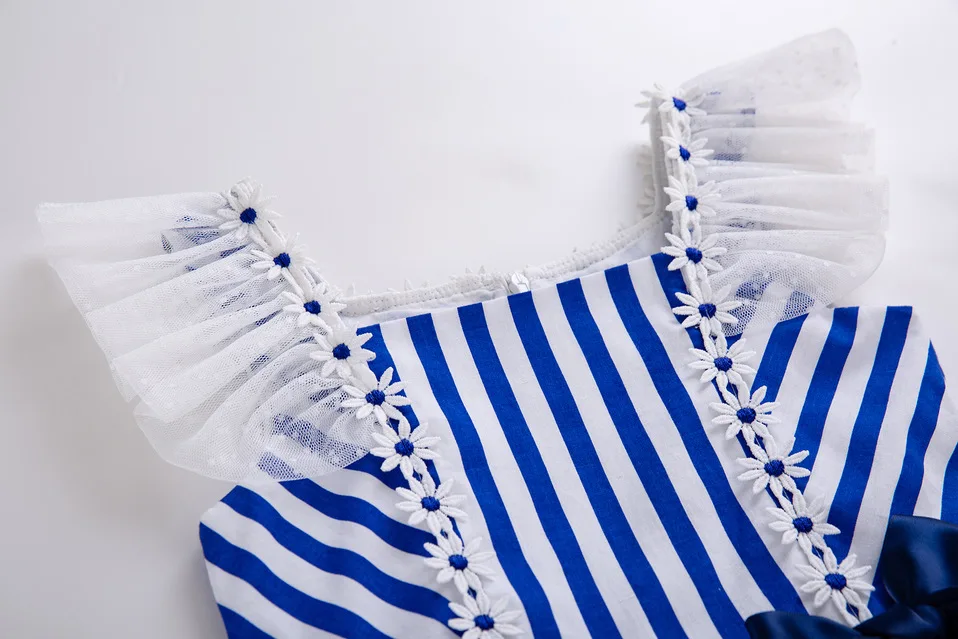 Cutestyles Cotton Vintage Summer Deep Blue Stripe Princess WeddingDresses For Baby Girls With Bow EG-DMGD203-C151 | Детская одежда и