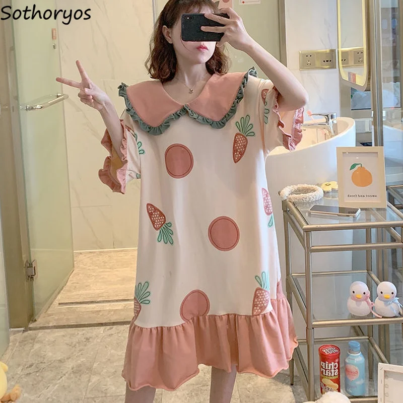 

Nightgowns Women Peter Pan Collar Ruffles Kawaii Students Loose Korean Style Fashion Ins Homewear Comfortable Female Sweet New