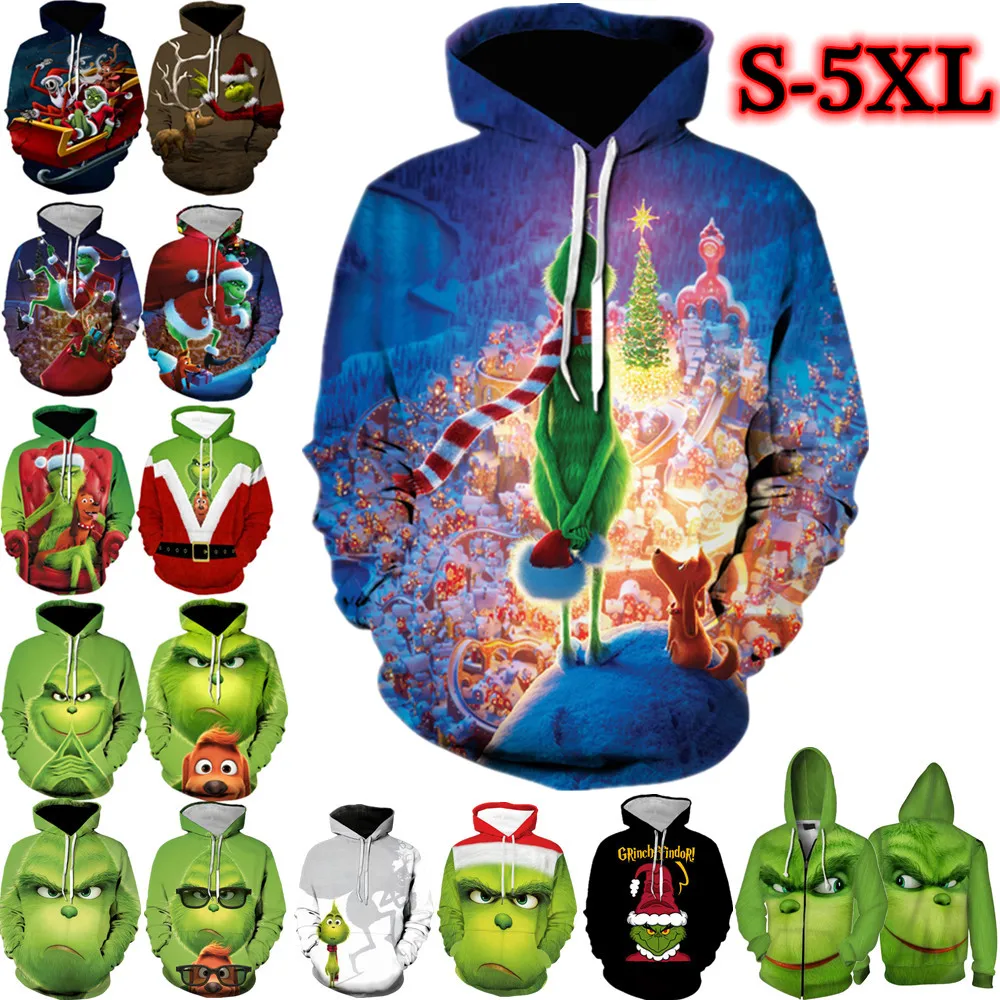 

3D Green Grinch Hoodies Men Women Sweatshirt Fashion Hooded Autumn Casual Harajuku Hip Hop Pullovers New Christmas Clothes