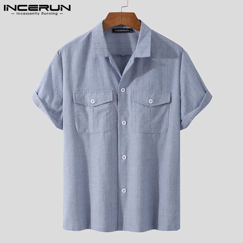 

INCERUN летний Для мужчин Рубашка в полоску с карманами короткий рукав 2021 повседневные топы уличная одежда пуговица свободные Camisa Masculina S-5XL