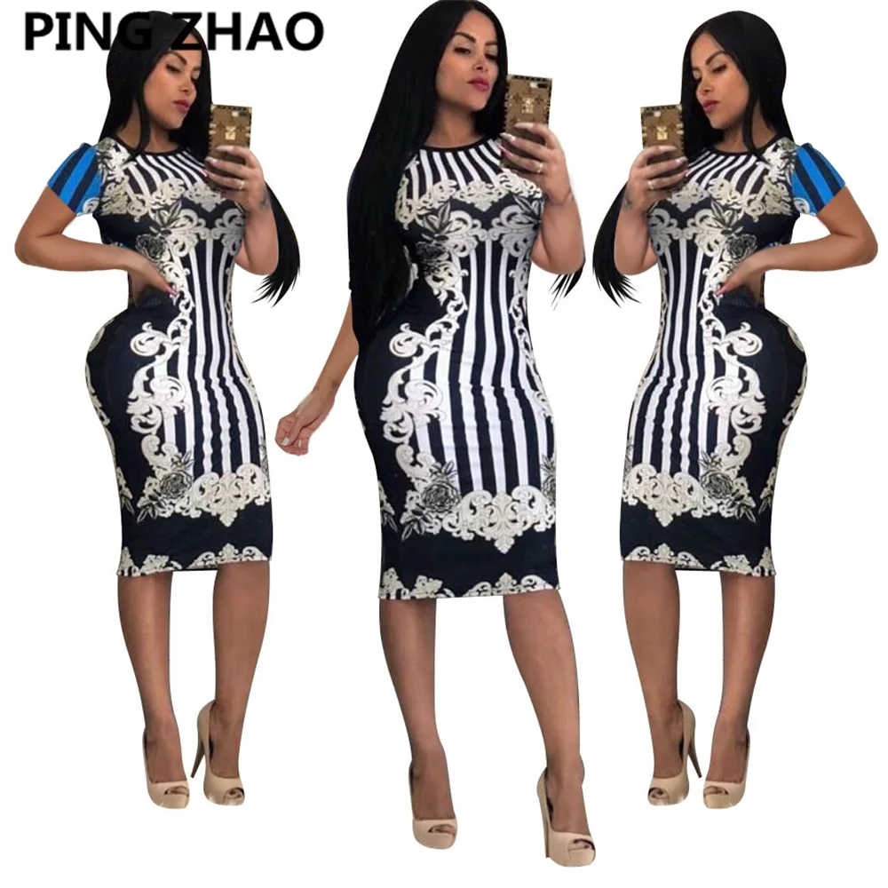 

Пинг Чжао печатным рисунком Лето пикантные вечерние Клубное платье миди платье женские модные с круглым вырезом и коротким рукавом от брэн...