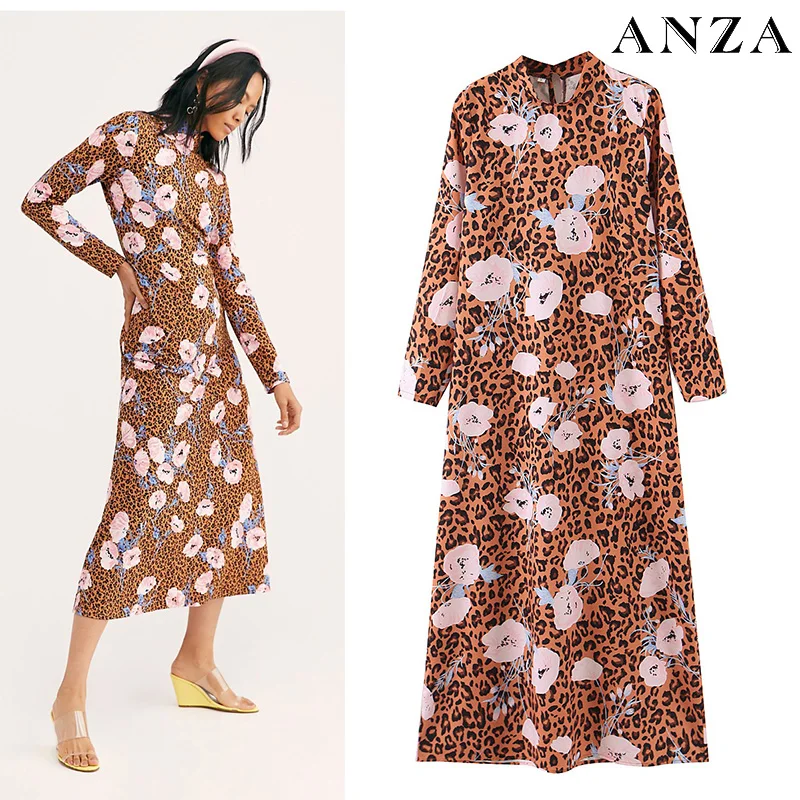 Женское платье с круглым вырезом Za повседневное свободное леопардовой расцветки