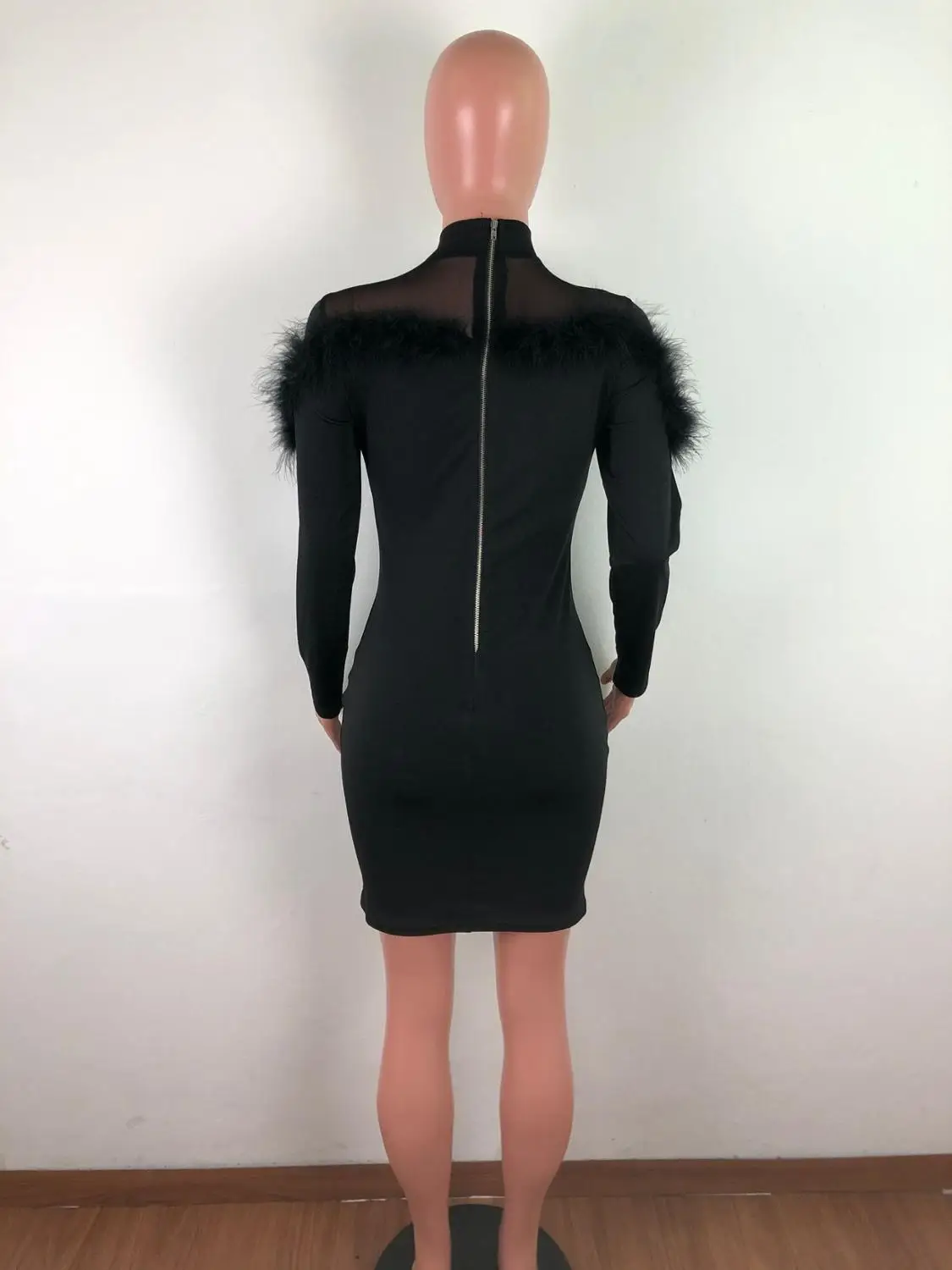 

Elegant Feather Bodycon Dress Women Sexy Turtleneck Long Sleeve Sheer Mesh Patchwork Bandage Club Women Party Dresses Vestidos