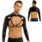 Мужская майка из искусственной кожи, с длинным рукавом, воротником-стойкой, с шипами, уплотнительное кольцо, спереди, половина, Клубная одежда, сценический костюм, латексные топы