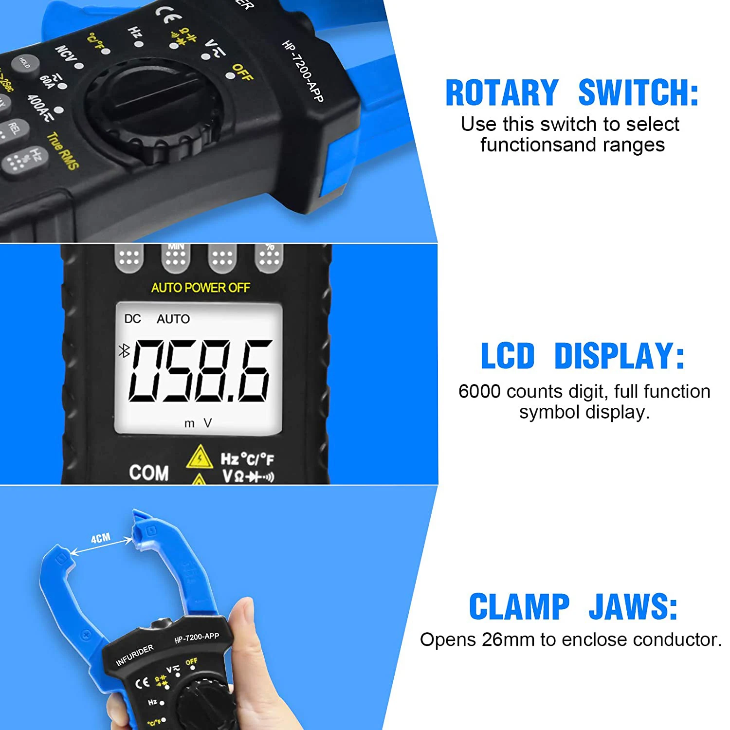 Bluetooth-мультиметр-зажим с автоматическим выбором диапазона и функцией True RMS |