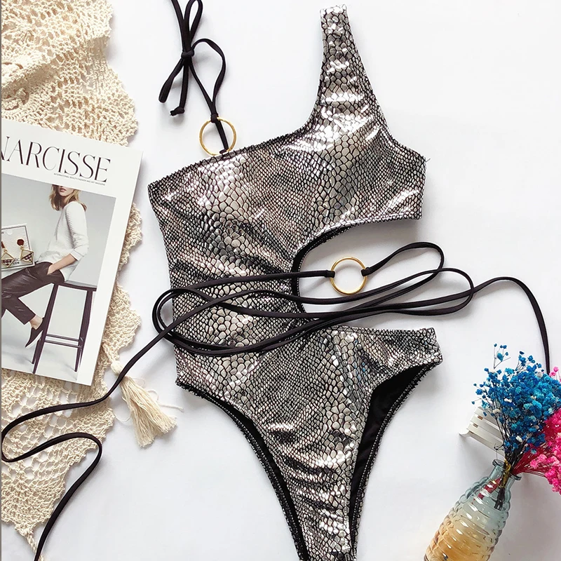 Бразильское бикини стринги Цельный купальник женский со змеиным принтом