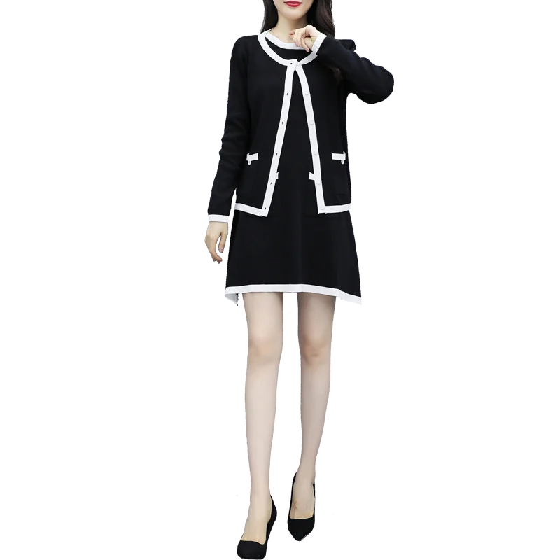 

Autumn New Fashion Sleeveless Dress With Coat Knitting Suit 2 Pcs Clothing Set Leisure Outfit Knitwear Vestido Women Jacket Top