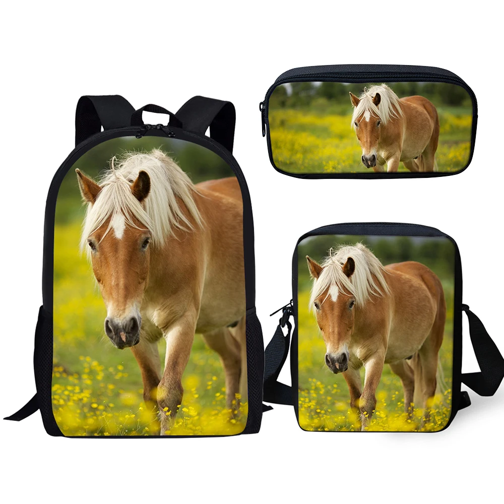 HaoYun Fashion Children's 3PCs Backpack Set Flower Horse Prints Pattern Kids School Book Bags Set Backpack/Flaps Bag/Pen Bags