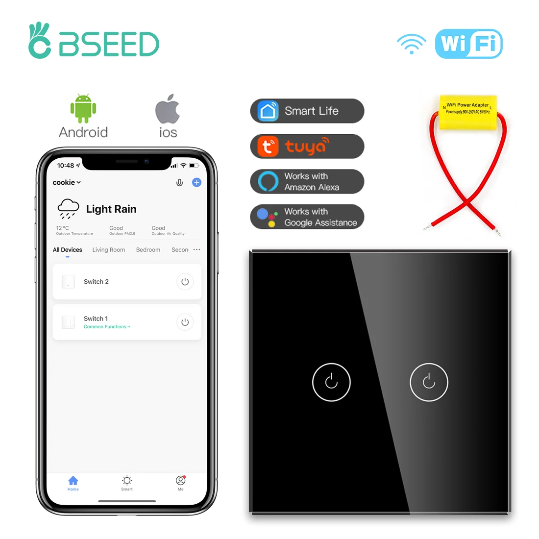 BSEED 1/2/3 1/2/3way переключатели Wifi с помощью одножильного провода Capactior настенный