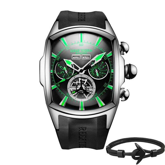 Топ бренд Reef Tiger Reloj Hombre Роскошные Tourbillon циферблат автоматические часы с резиновым ремешком механические водонепроницаемые мужские часы даты Relogio Masculino+ подарок - Цвет: RGA3069-YBBN Box