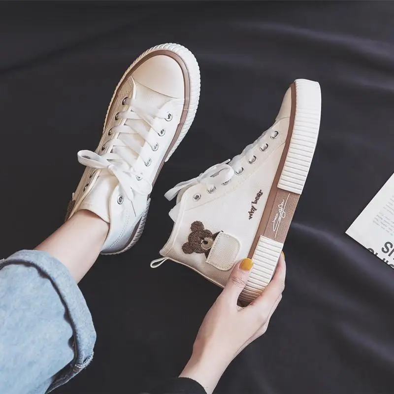 

Эспадрильи Kawaii Bear с вышивкой для женщин, лето 2021, холщовые кроссовки на шнуровке, модная женская повседневная обувь для девочек