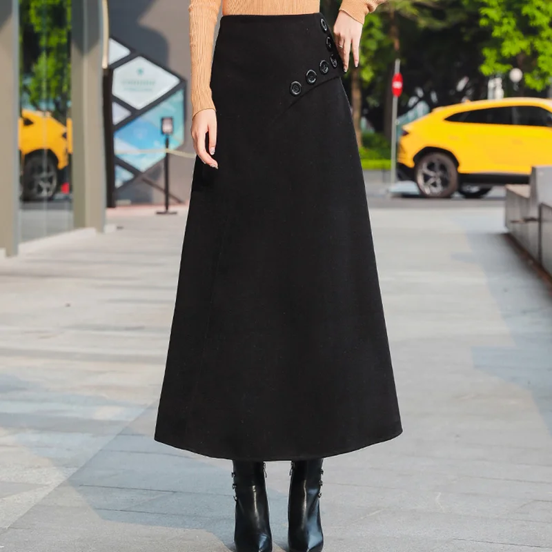 Женская теплая шерстяная длинная юбка с высокой талией и пуговицами модная