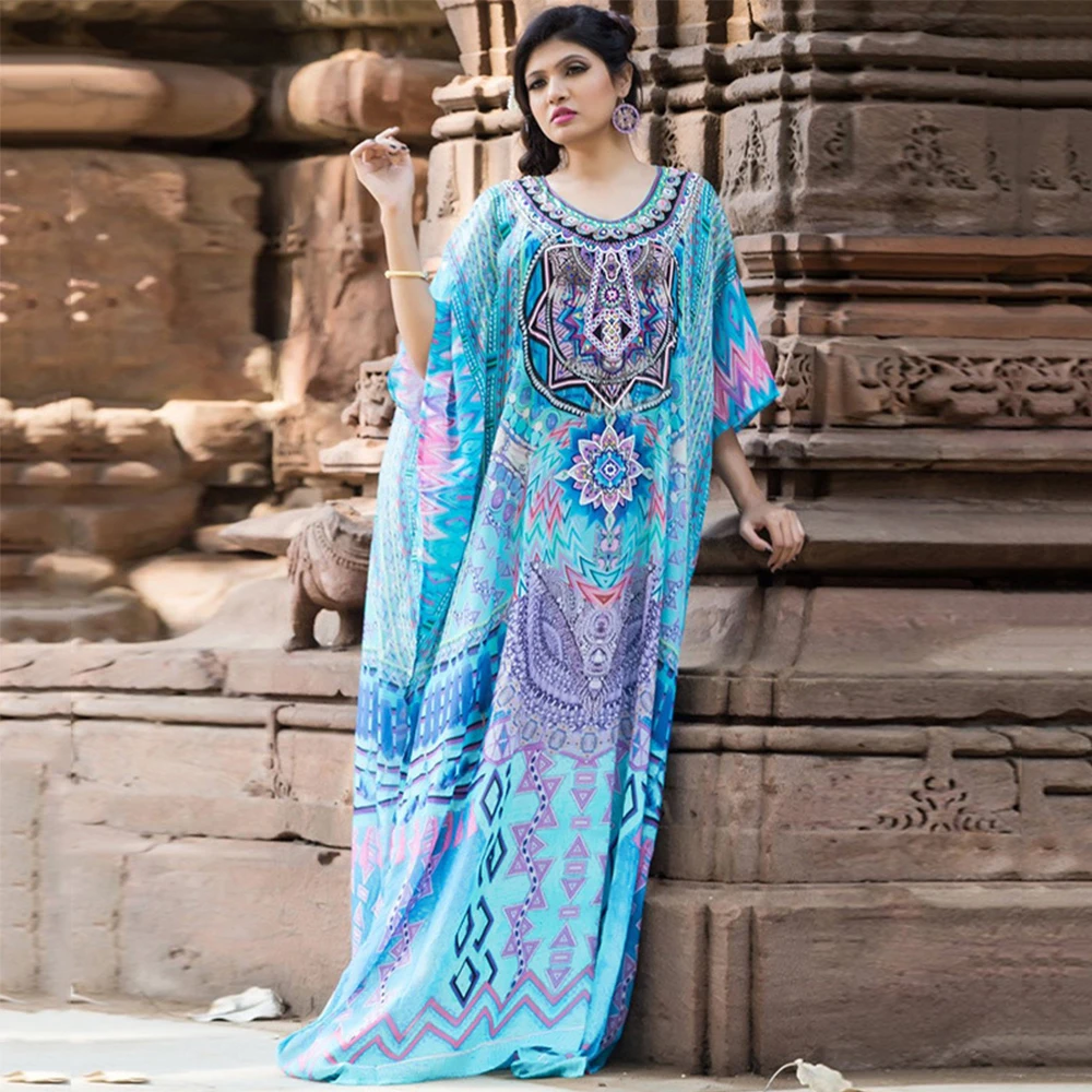 Oversize Cotton Print Beach Dress Kaftan Cover Up Pareos De Playa Mujer Beachwear Female Boho Batwing Sleeve Ethnic Maxi Robe | Женская