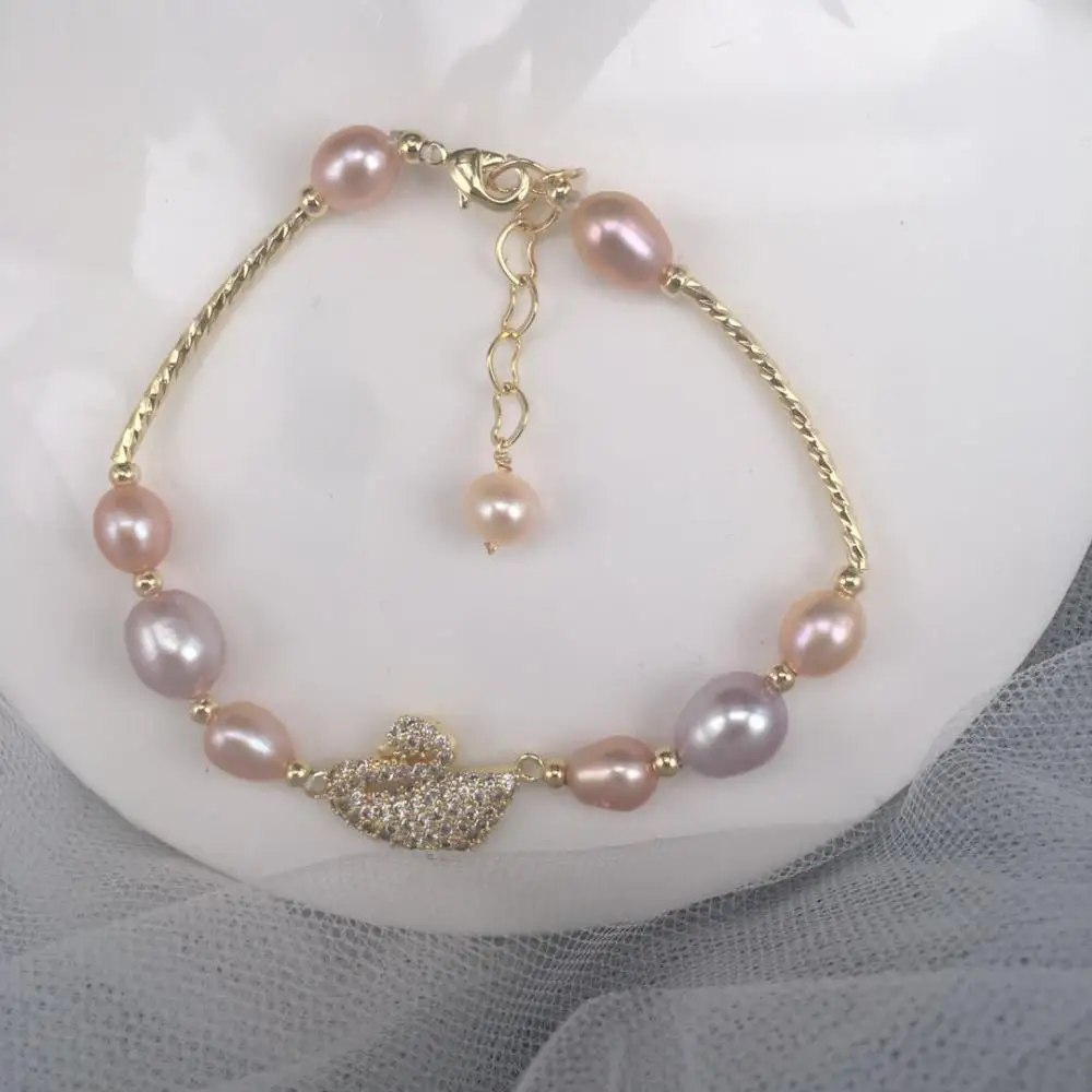 

Mixed Color Freshwater Pearl Bracelet Female Swan Micro-inlaid Rhinestone 14K Gold Bracelets Jewelry Temperament Personality