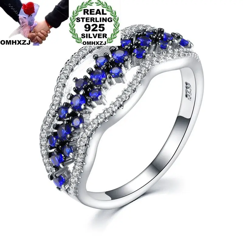 

OMHXZJ Wholesale European Fashion Woman Man Party Wedding Gift Blue AAA Zircon 925 Sterling Silver 18KT Black Gold Ring RR383
