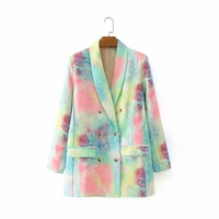 women 2021 fashion double breasted colorful tie dye print blazers coat vintage long sleeve pockets female outerwear chic tops