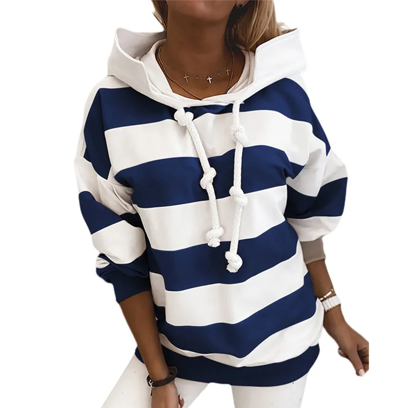 

Women's Striped Tape Color Block Hoodies Drawstring Long Sleeve Casual Hooded Sweatshirts Female Loose Spring Autumn Lady Hoodie