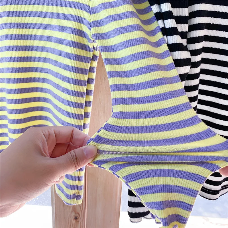 

2021 Spring New Korean Girl Striped Long Sleeved Round Neck Shirt Girl Baby Puff Sleeve Bottoming Blouse