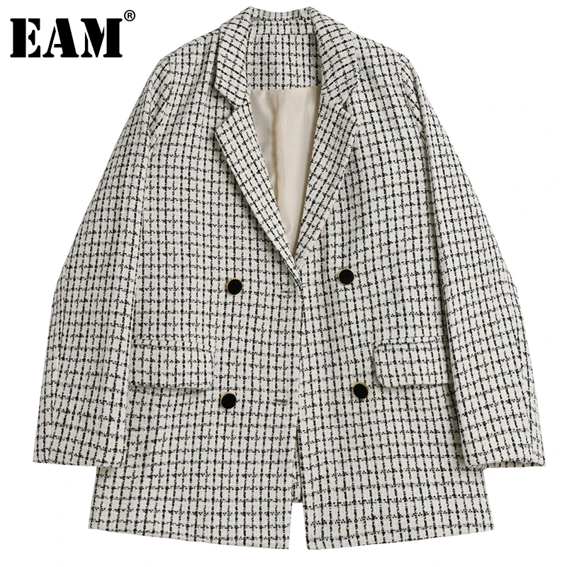 

[EAM] Women White Plaid Big Size Casual Blazer New Lapel Long Sleeve Loose Fit Jacket Fashion Tide Spring Autumn 2022 1DE3532