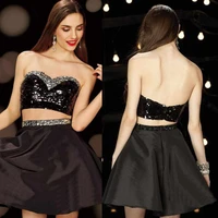 short sexy black two piece sequined taffeta a line mini sweetheart crystal prom party gown beaded 2018 bridesmaid dresses