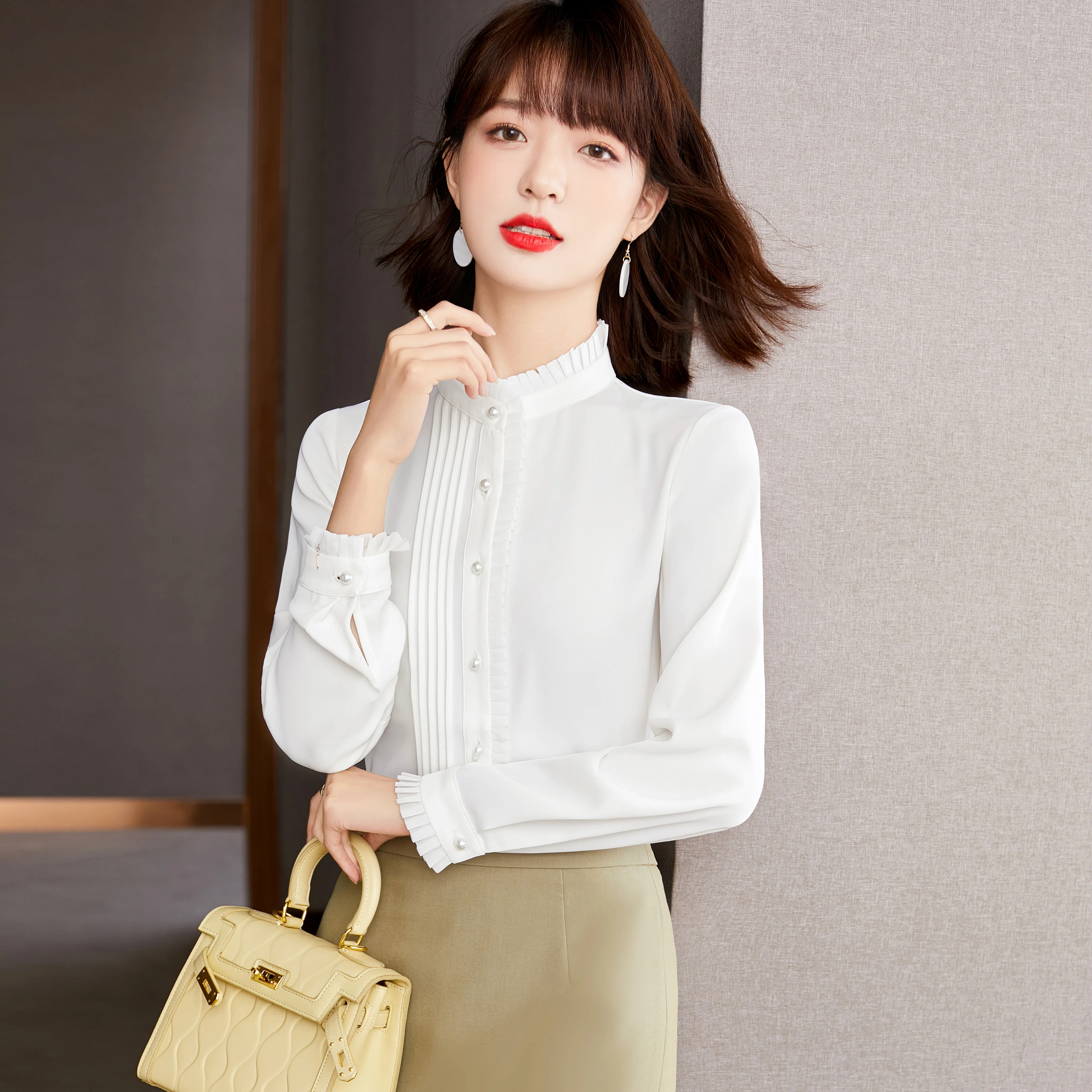 

Korean Women Button Up Shirt Woman Long Sleeve Shirts Blouse Women Chiffon Shirt Patchwork Blouses Green Office Lady Shirt Tops