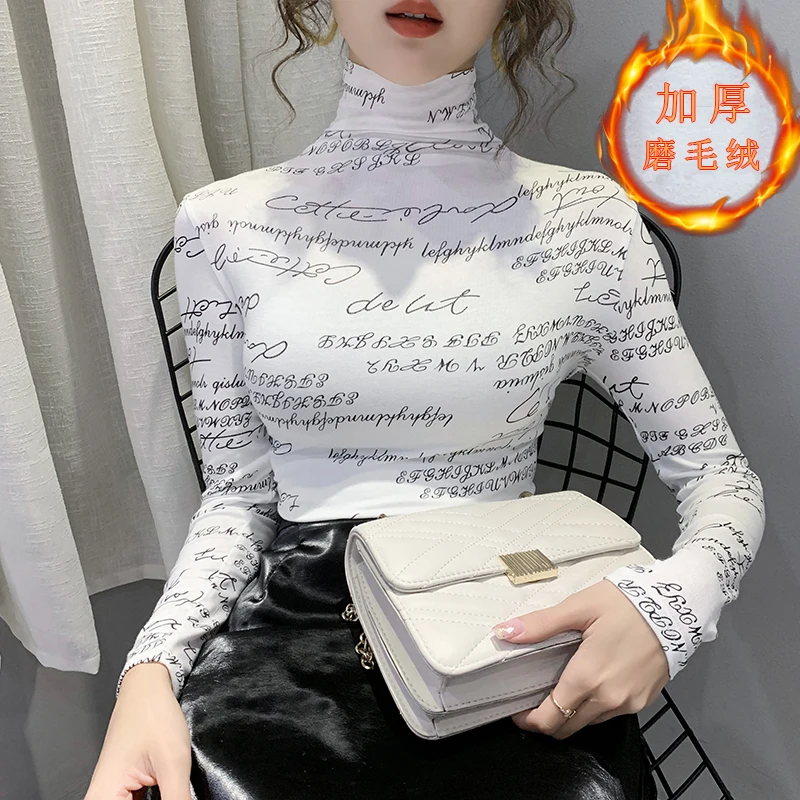 Autumn Spring Women's Stand Neck Letter Graffiti T-Shirt Slim Long Sleeve Warm Double-Faced Velvet Basic Tops Tee Ropa Mujer