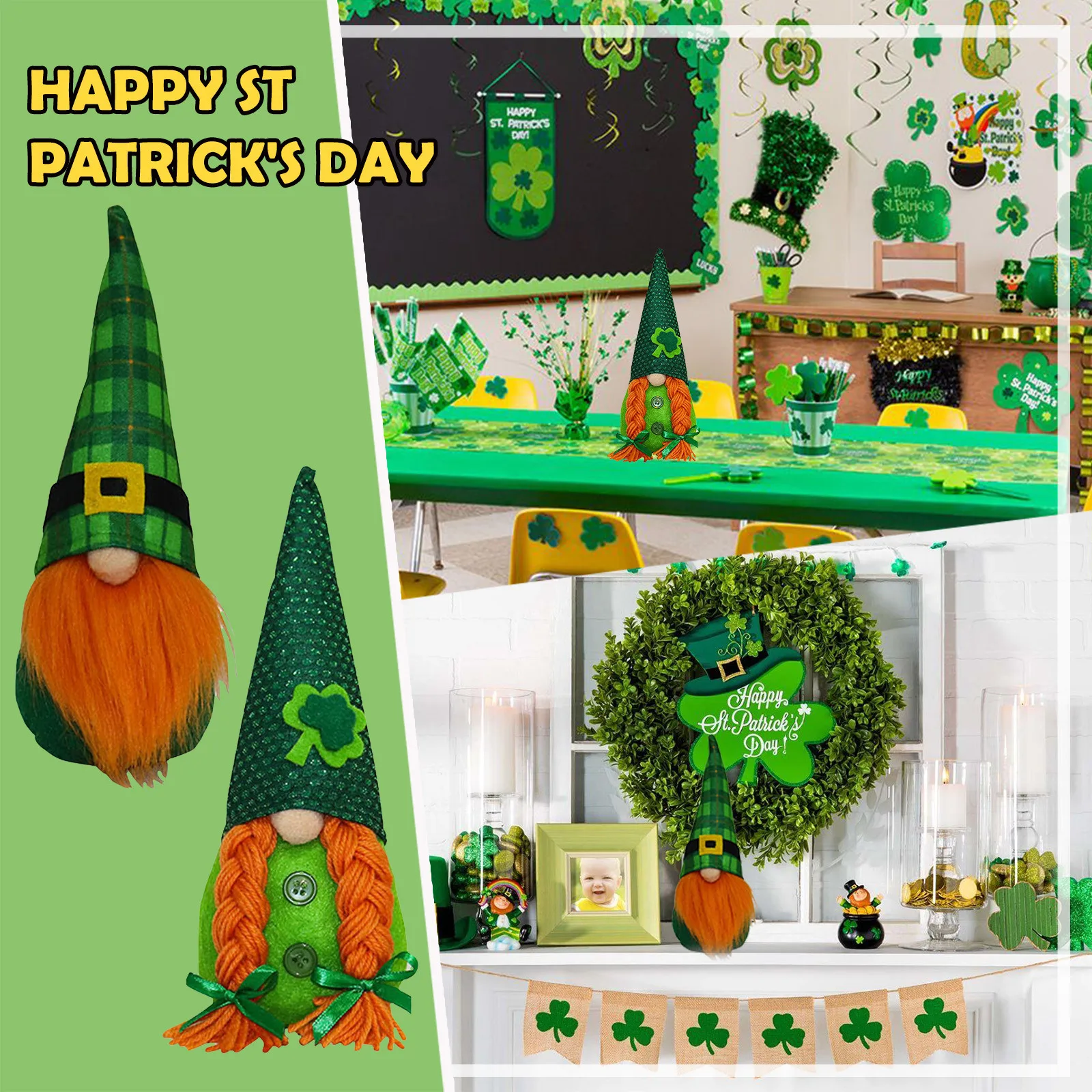 

2PC A Gift Present St Patrick's Day Decorations Green Trefoil Cute Faceless Doll Holiday Decorations Home Room Ornament 2021