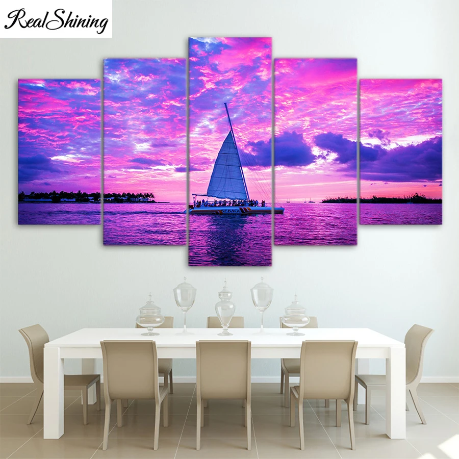 

5d Round Diamond Painting Sunset purple clouds, sailboat on the sea Full Drill Square Mosaic Handmade Embroidery 5pcs F898