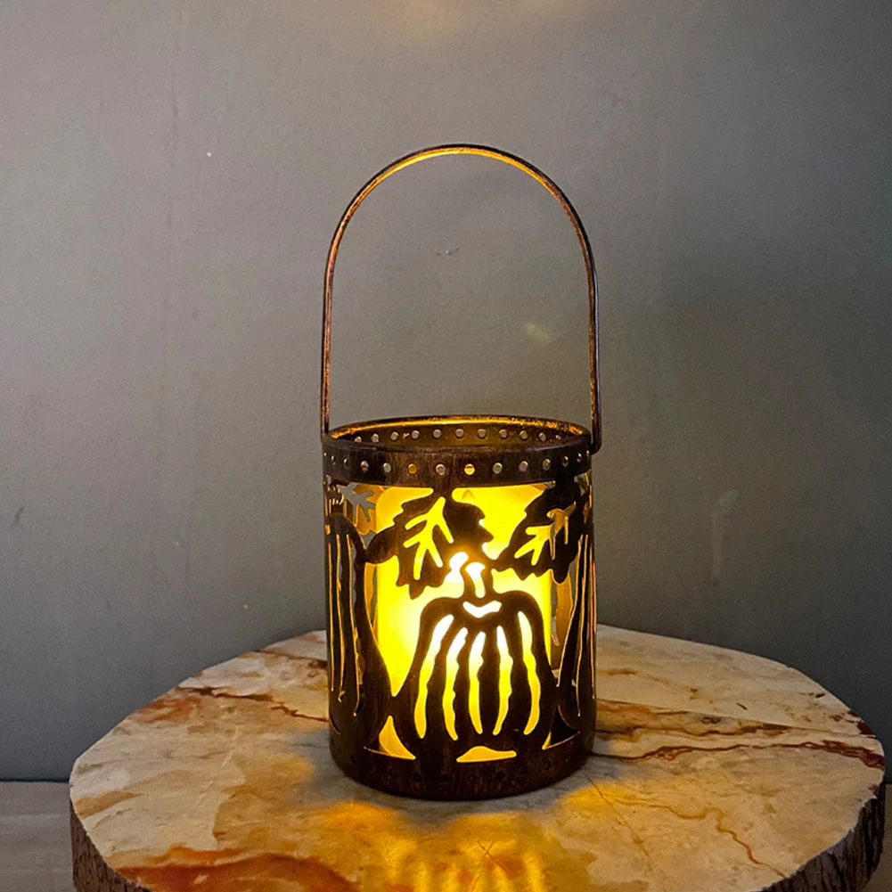 

Hanging Lantern Party Iron Art Lawn Halloween Decor Porch Yard Hollow Carved Portable Festival Gifts Warm White With Led Candle