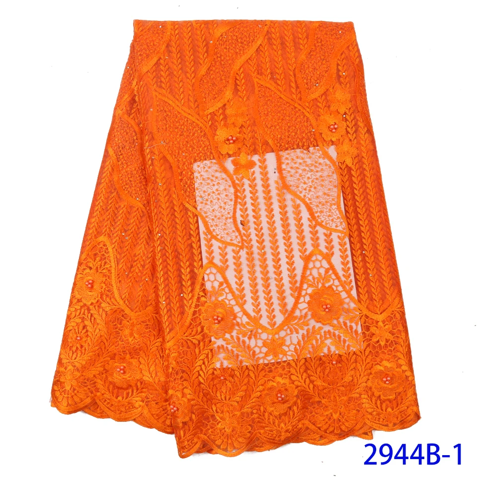 Вышитые французские Тюлевая сетчатая кружевная ткань с бисером оранжевого цвета