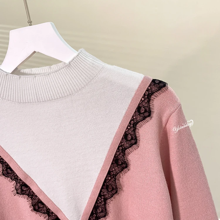 Женский кружевной свитер Осенний пуловер с длинным рукавом в стиле пэчворк |