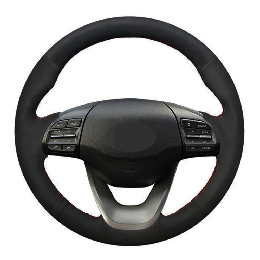 

Car Steering Wheel Cover DIY Hand-stitched Black Genuine Leather Suede For Hyundai Kona 2017 2018 2019