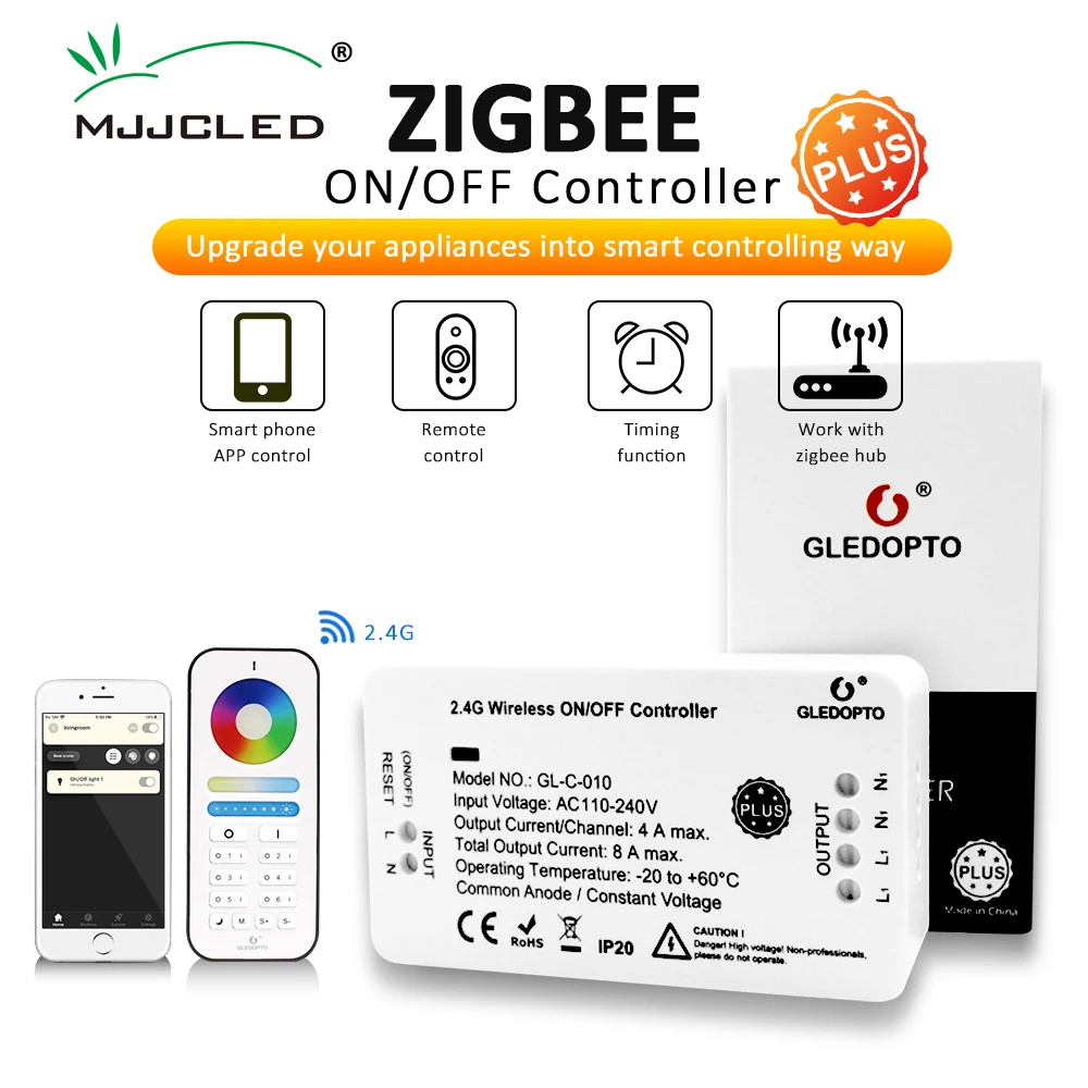 

Gledopto Zigbee Switch 2.4G Wireless ON OFF Controller 110V 220V Phone APP Remote Control Work with Alexa Echo Plus SmartThings