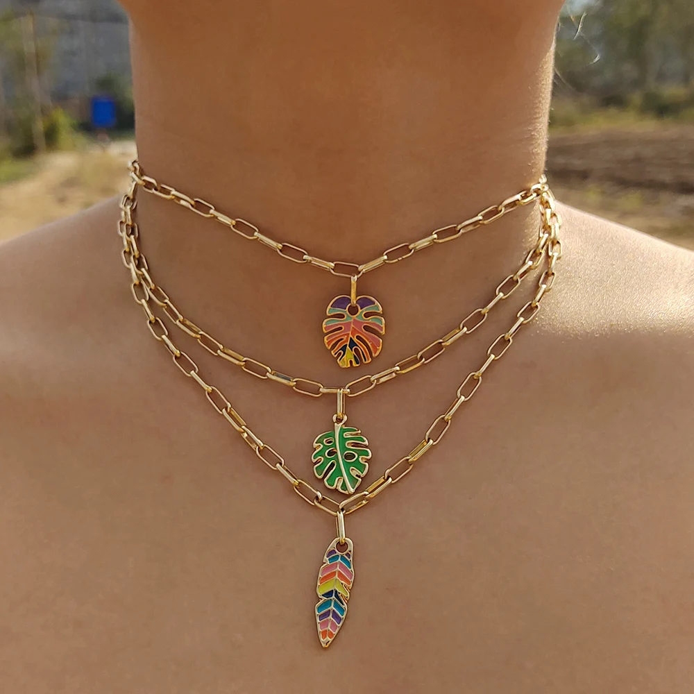 

ZX Colorful Green Enamel Leaf Statement Pendant Necklace for Women Gold Color Maxi Chain Chokers Necklace Wholesale Jewelry Gift