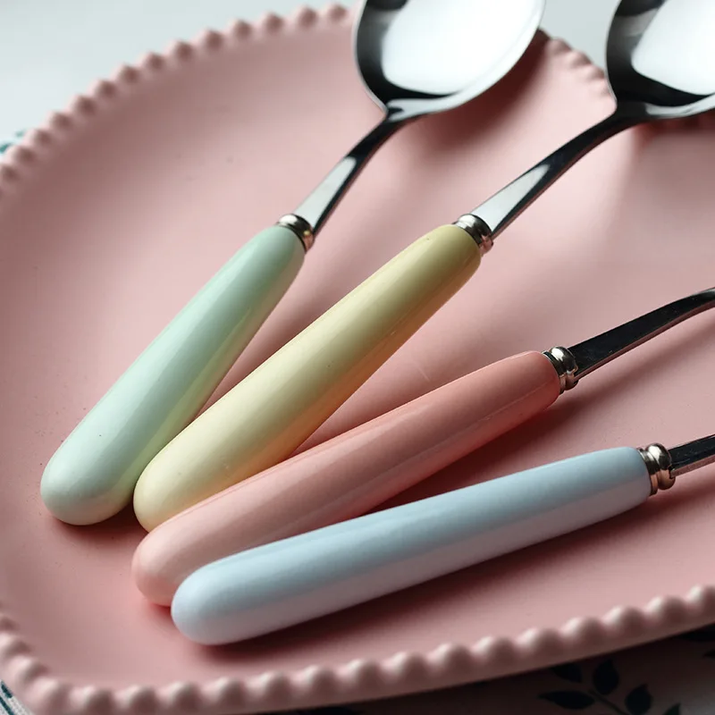 2 шт. Ложка из керамики и нержавеющей стали, яркий цвет конфет, креативный, простой, прочный, домашнего использования, экологически безопасный кофе.