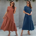 Женское платье-футболка, летние длинные платья с рюшами, женское элегантное свободное платье средней длины