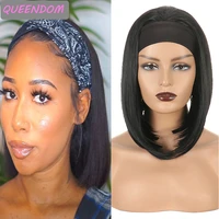 short straight headband bob wig 12 inch black natural synthetic womens bob wigs with turban heat resistant cosplay scarf wig