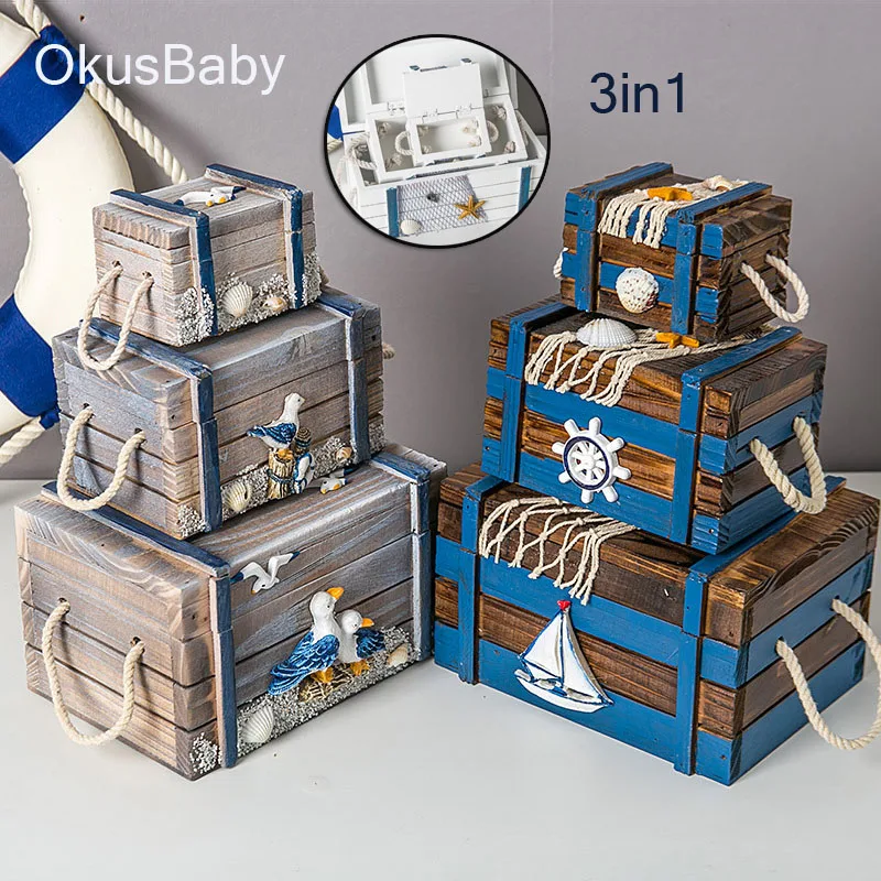 Caja de almacenamiento de madera 3 en 1 para decoración del hogar, redes de estrellas de mar, aves marinas, concha, juguete para habitación de bebé, 3 tamaños