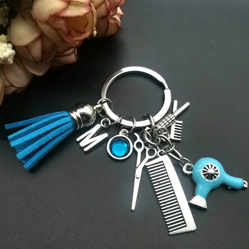 

New A-Z Hairstyle Gift Charm Tassel Keychain Retro Jewelry Mini Hairdressing Scissors Hair Dryer Comb Keychain