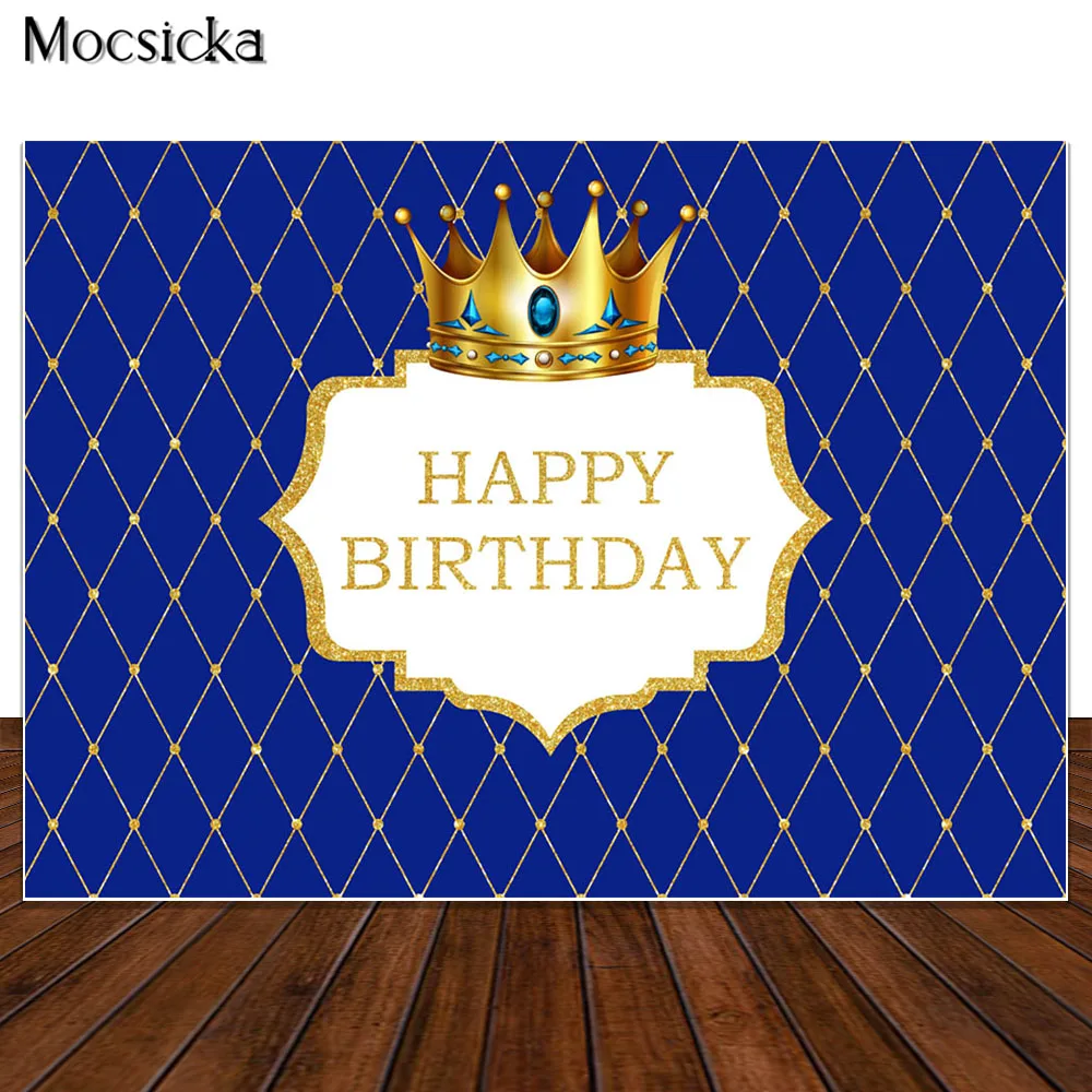 

Royal Blue Happy Birthday Backdrop for Boy Birthday Party Background Photo Studio Props Supplies Golden Crown Decorations Banner