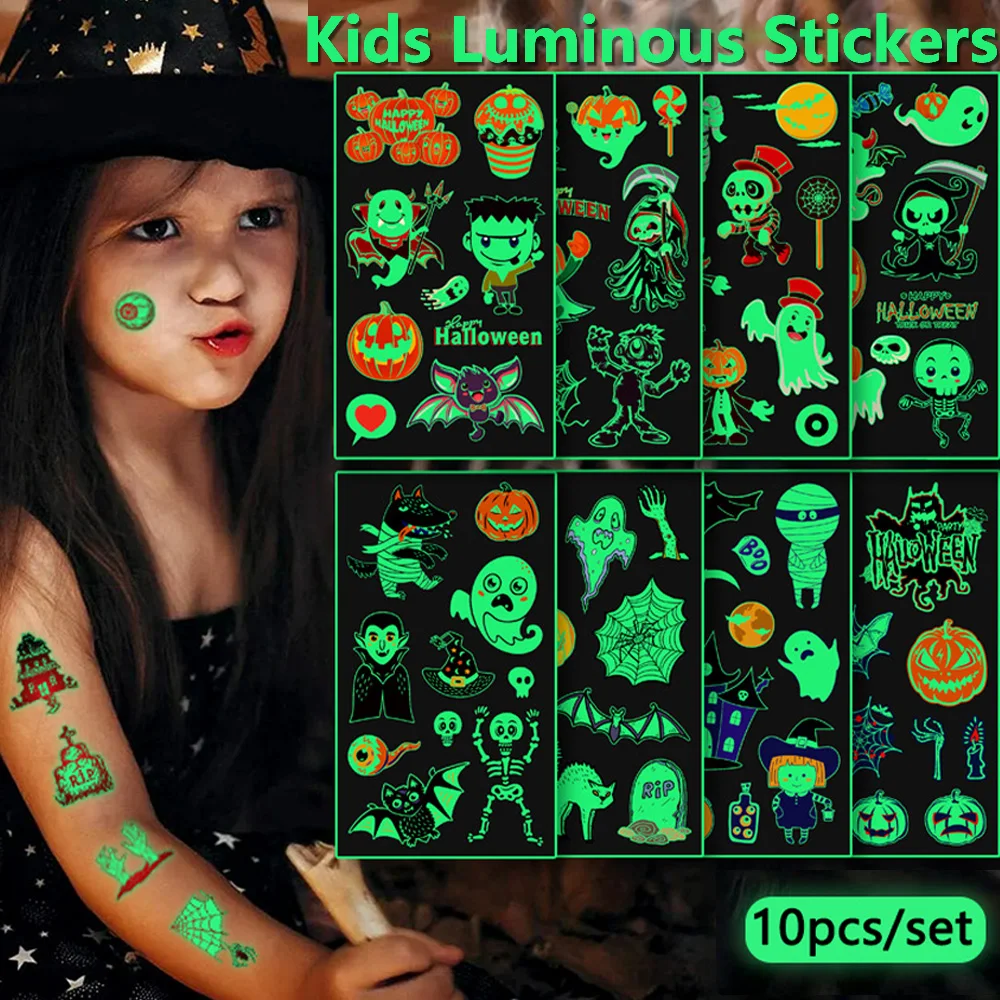 

10pcs Kids Temporary Tattoos Waterproof Cartoon Luminous Tattoo Stickers Halloween Party Event Body Art Flash Fake Tatto Sticker