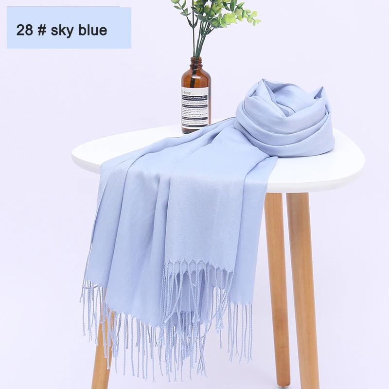 28 sky blue Женские однотонные хлопковые шарфы с кисточкой женские зимние тонкие весенний шарф летние роскошные женские шали теплые шарфы для женщин - Цвет: 28 sky blue